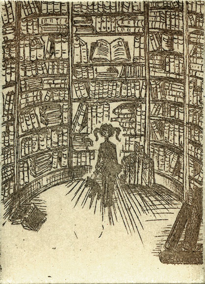 Franziska Deregoski: Marie im Bücherturm, 2015, Strichätzung